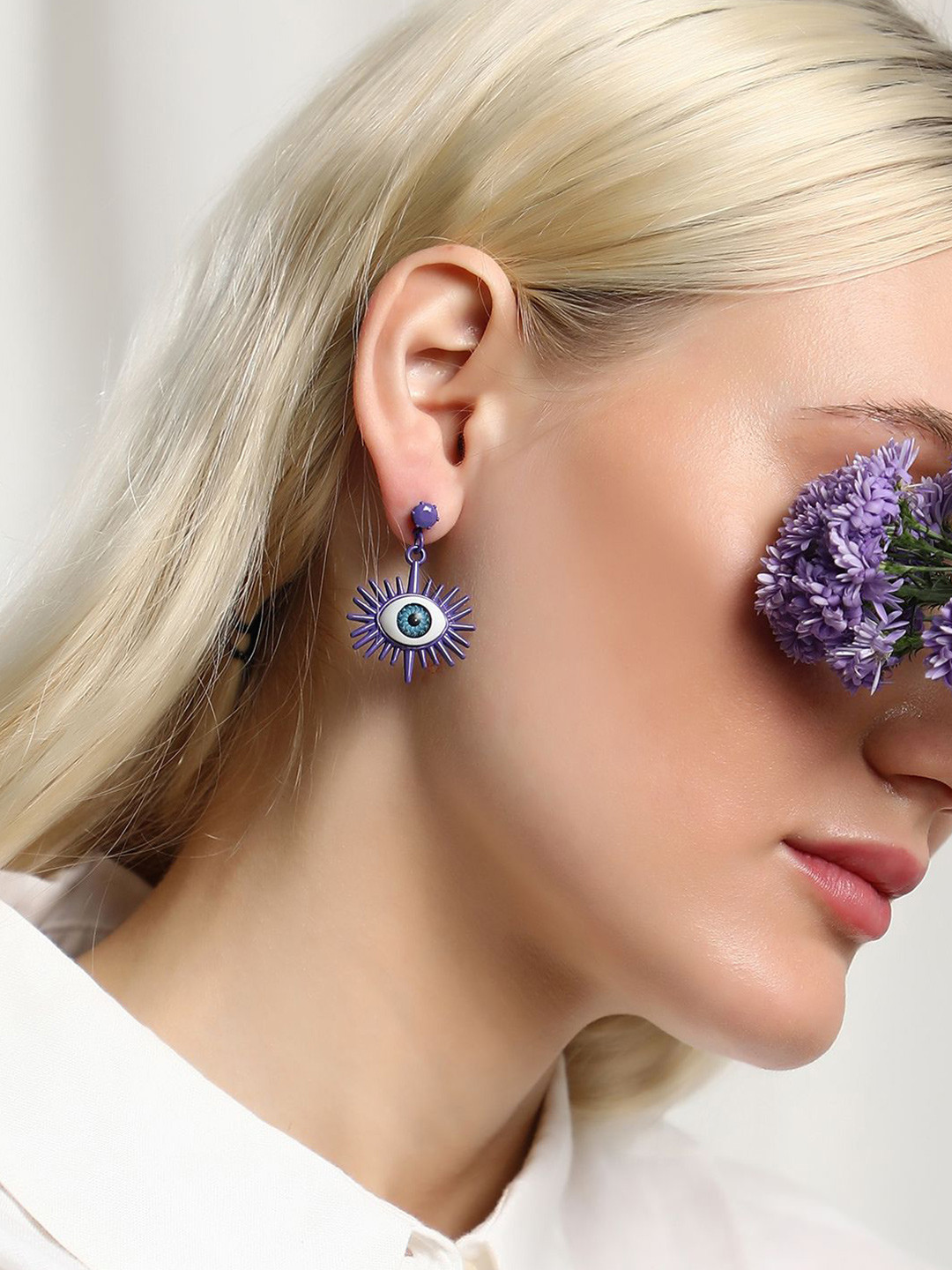 

SOHI Artificial Stones Studded Contemporary Evil-Eye Drop Earrings, Purple