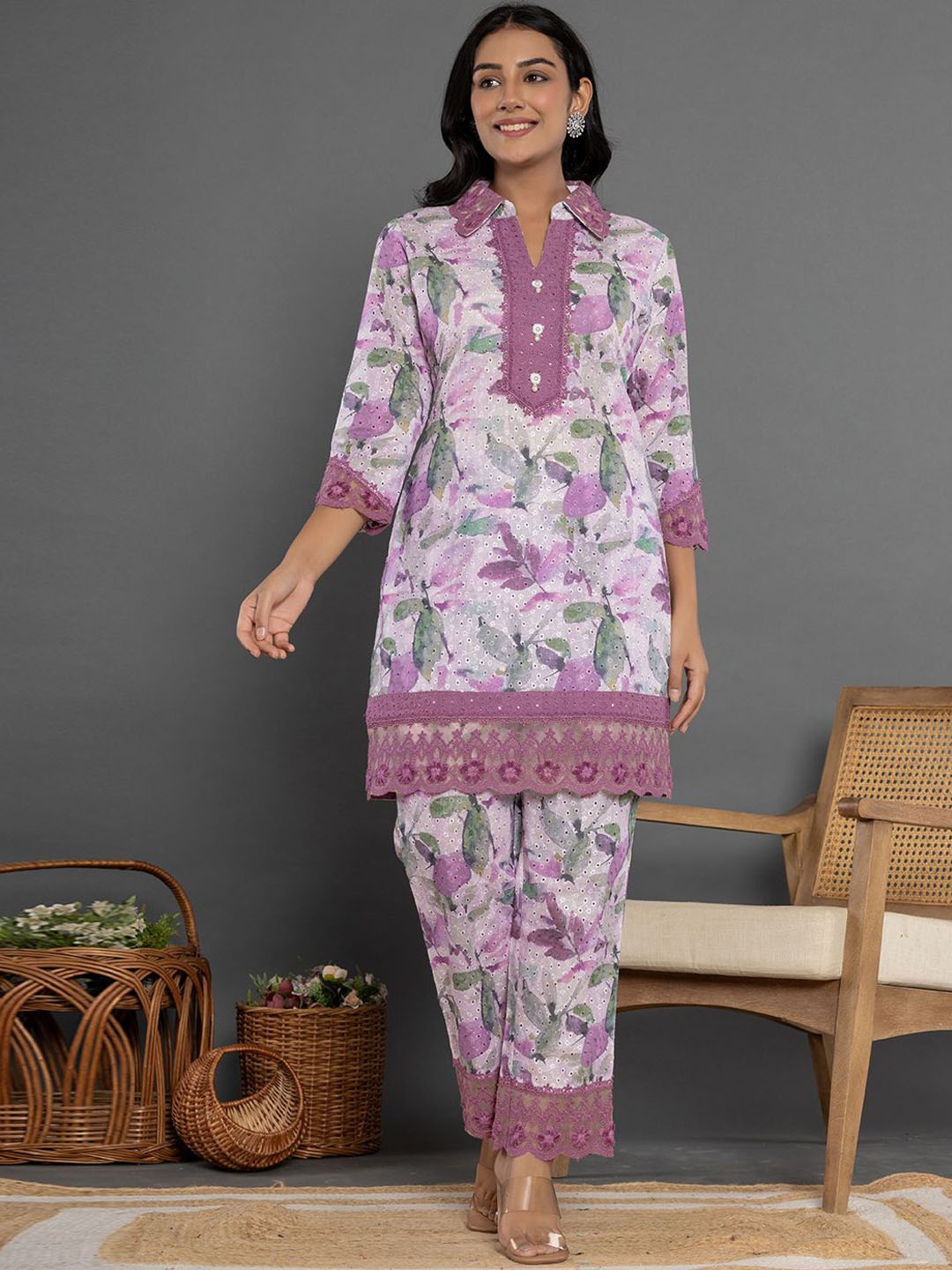 

Yufta Floral Printed Shirt Collar Pure Cotton Tunic With Trousers, Purple