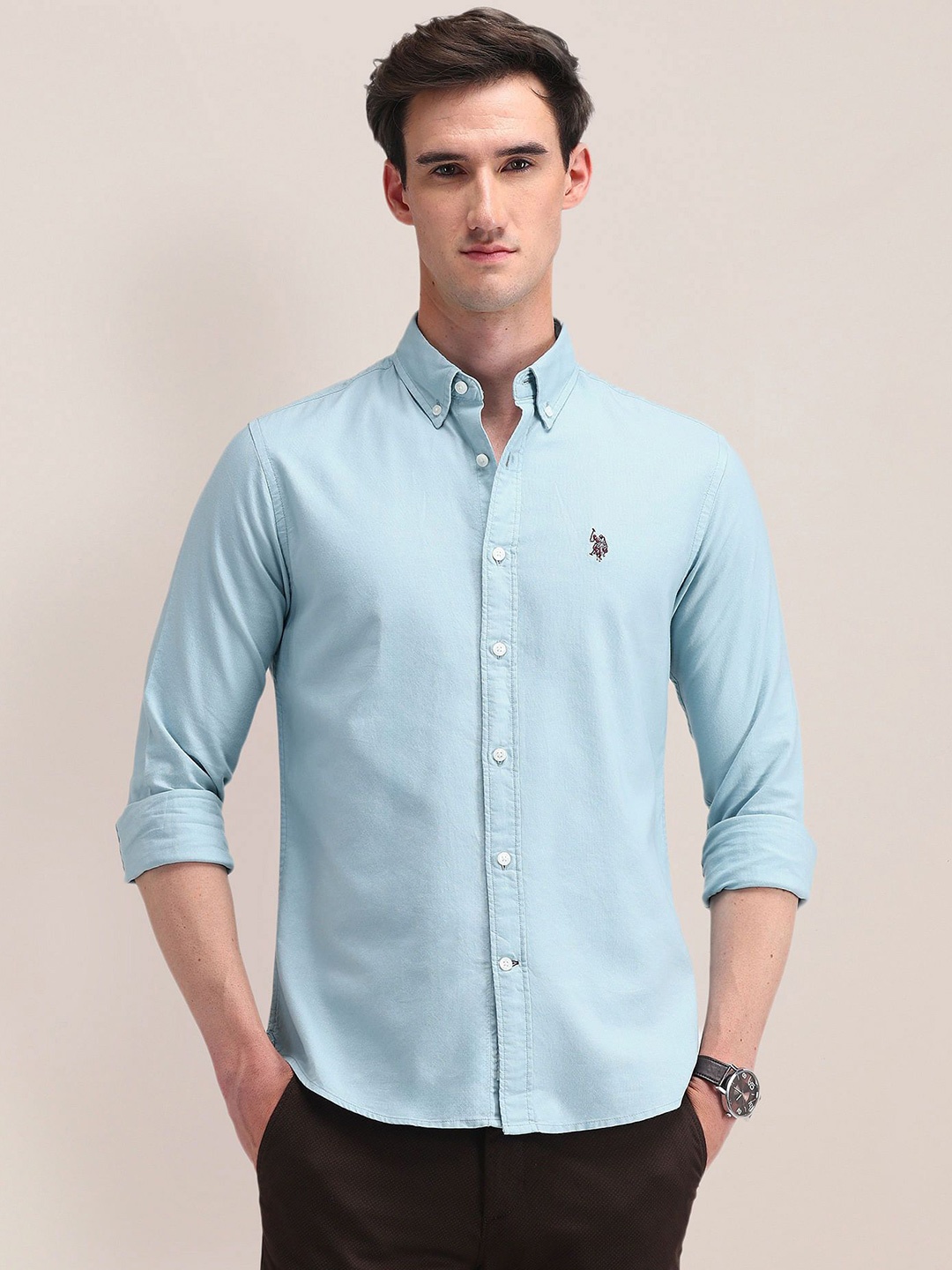 

U.S. Polo Assn. Men Modern Button-Down Collar Solid Cotton Slim Fit Casual Shirt, Blue