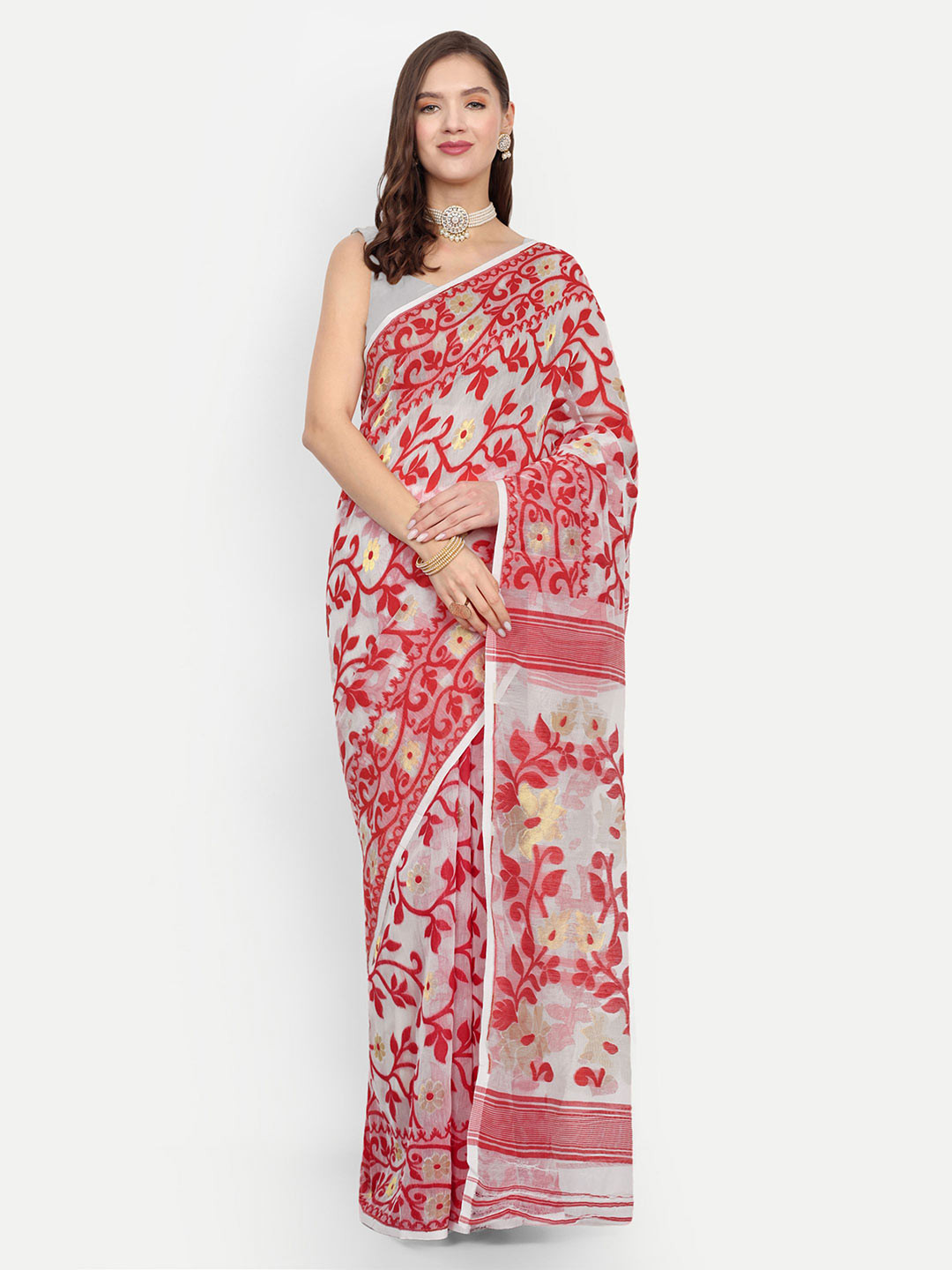 

BENGAL HANDLOOM Women Woven Design Taant Saree, White