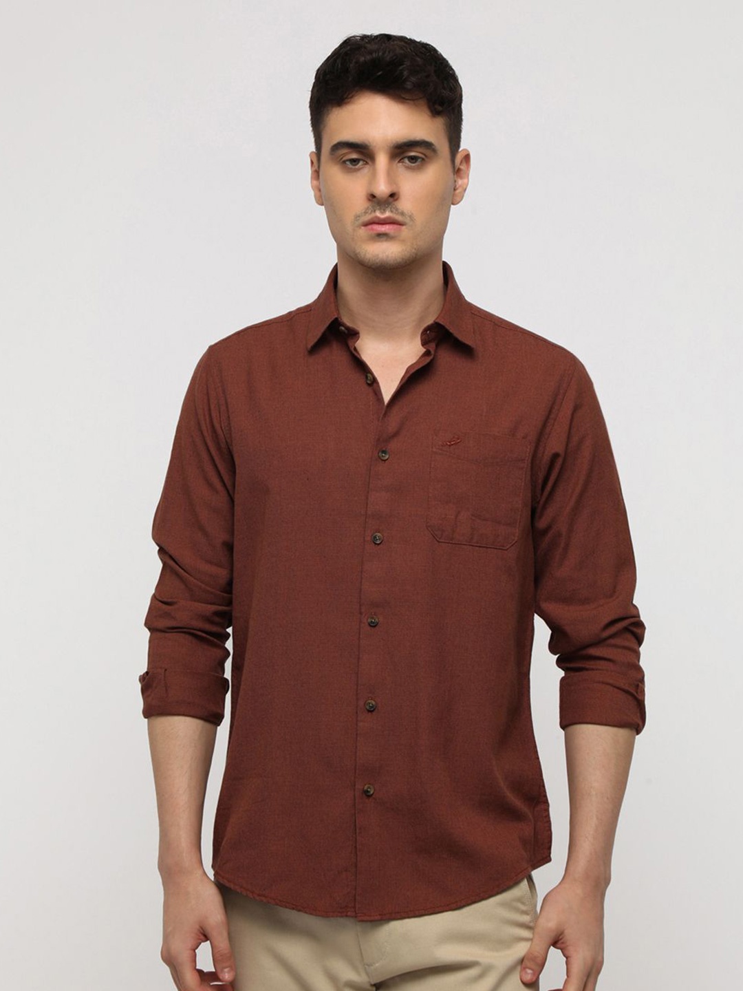

Crocodile Men Comfort Spread Collar Solid Cotton Casual Shirt, Rust