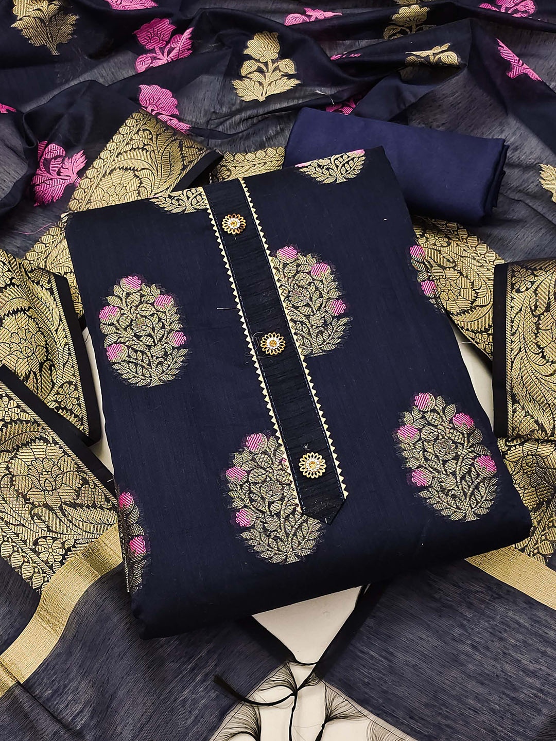 

Ishin Floral Woven Design Zari Unstitched Dress Material, Blue