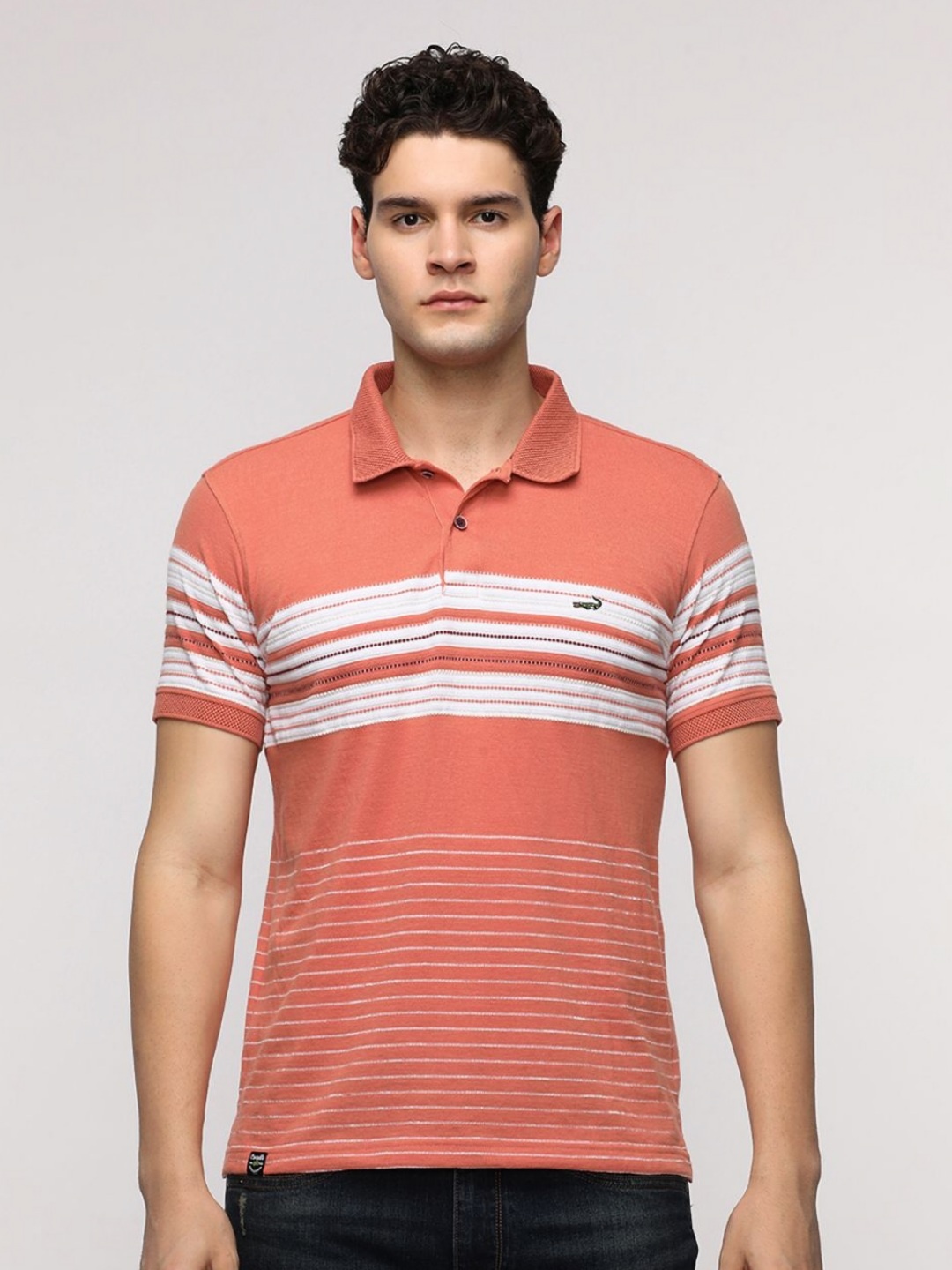 

Crocodile Men Striped Polo Collar Cotton Slim Fit T-Shirt, Peach