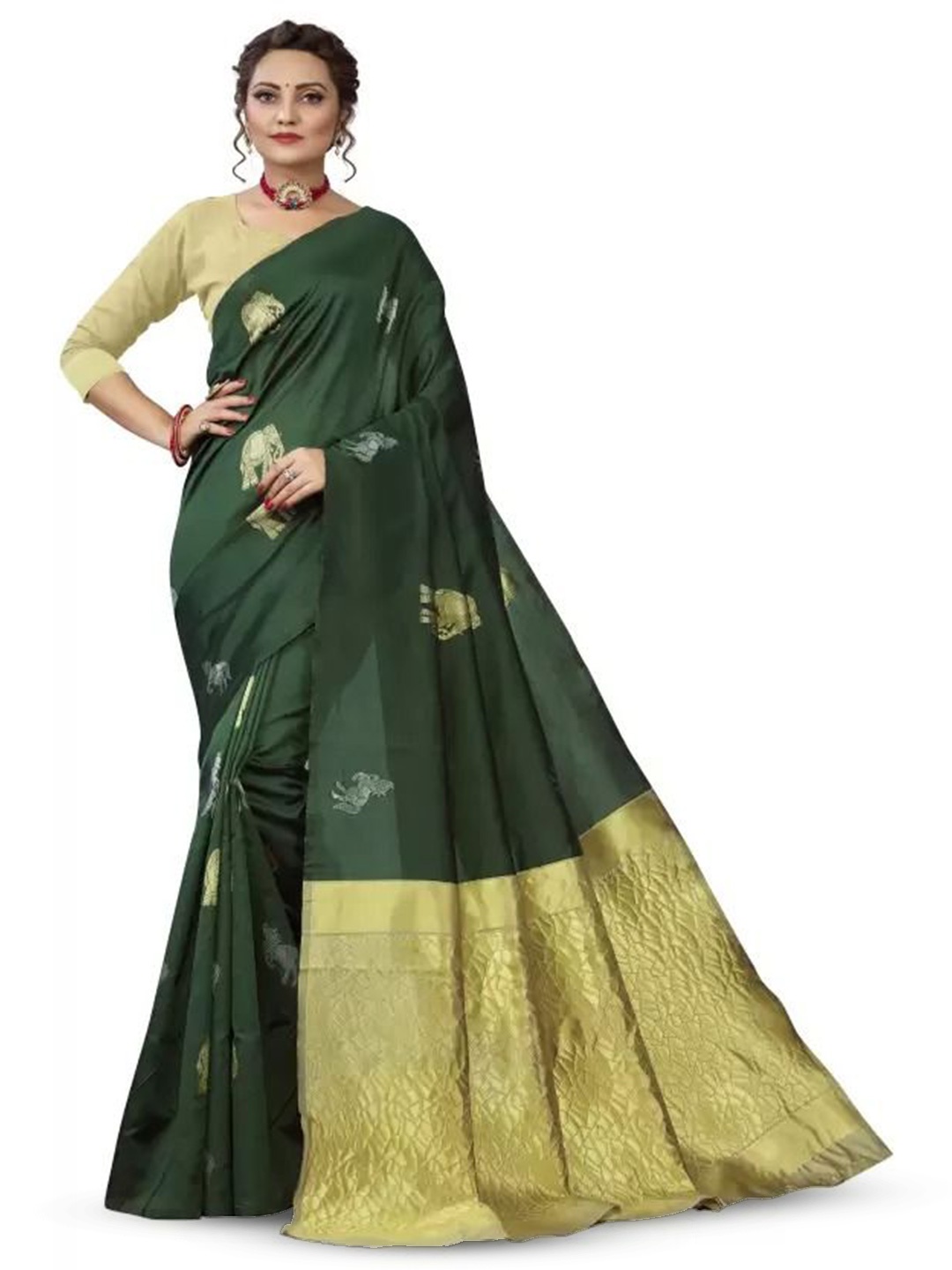 

QENY Women Woven Design Banarasi Saree, Green