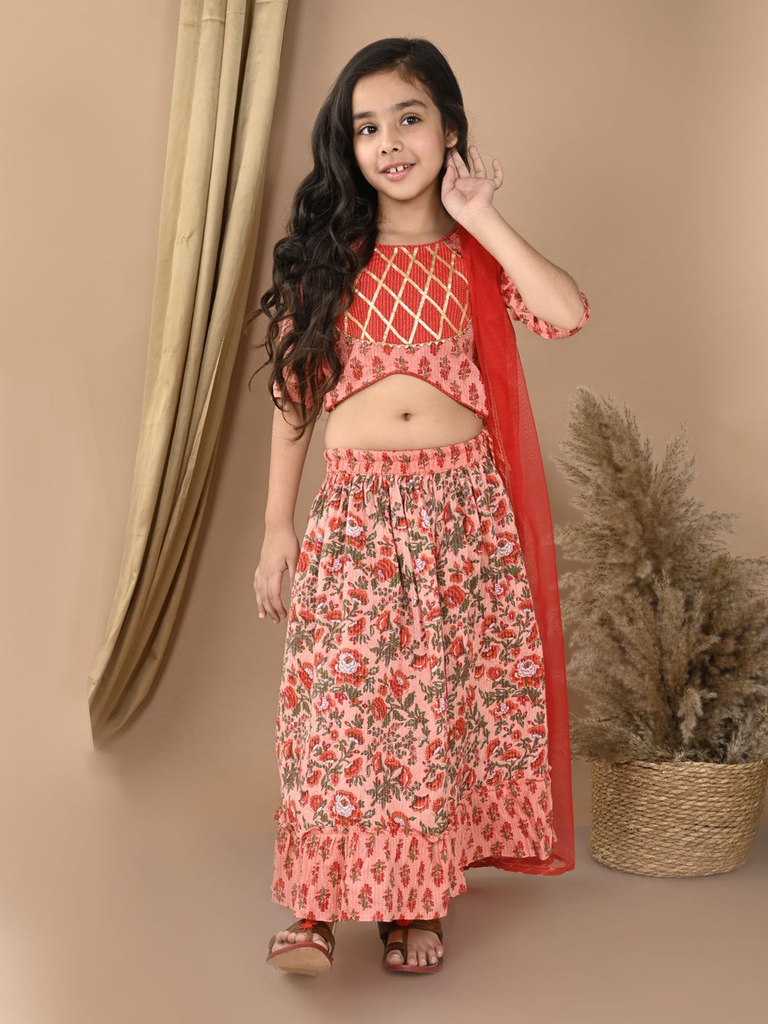 

Here&Now X Kinder Kids Girls Printed Cotton Ready to Wear Lehenga & Blouse With Dupatta, Peach