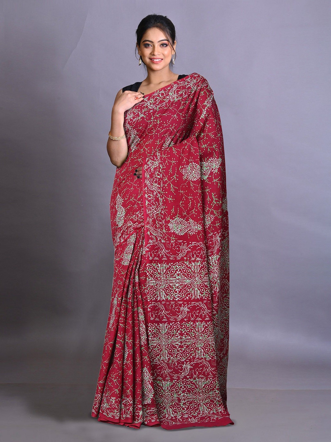 

Unnati Silks Pure Cotton Printed Ethnic Motifs Block Print saree, Red