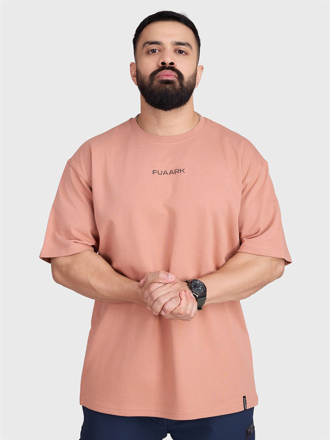 

FUAARK Men Solid Round Neck Cotton Oversized T-shirt, Beige