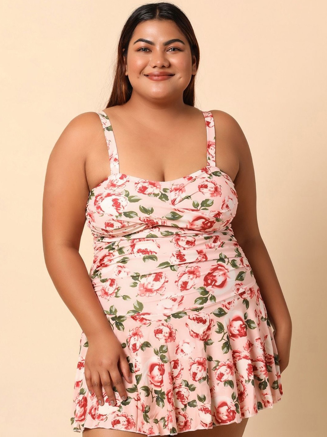 

WomanLikeU Floral Printed Shoulder Straps Swimming Dress, Pink