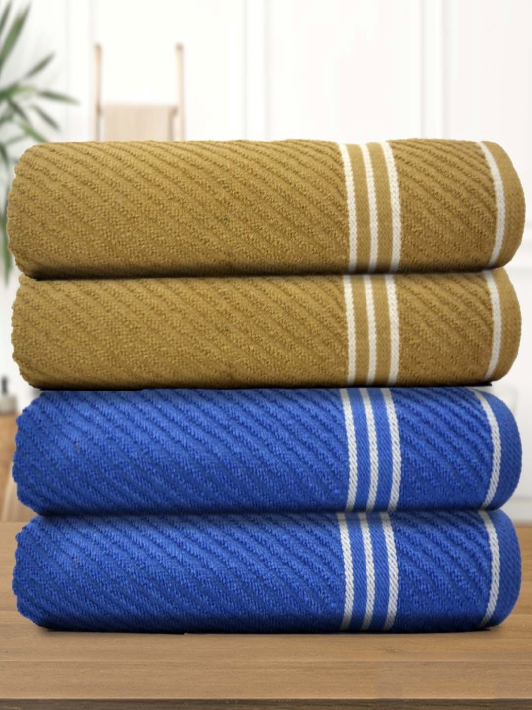 

Aura Athom Living Blue & Beige 4 Pieces Striped 400 GSM Bath Towel