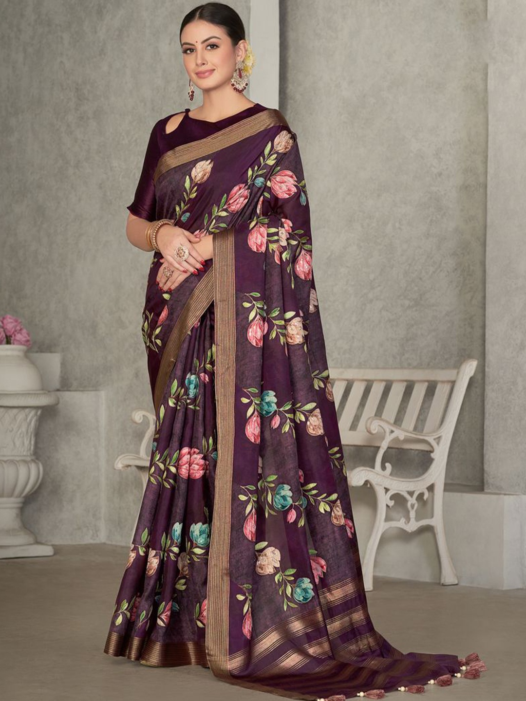 

Nimayaa Floral Zari Silk Blend Saree, Purple