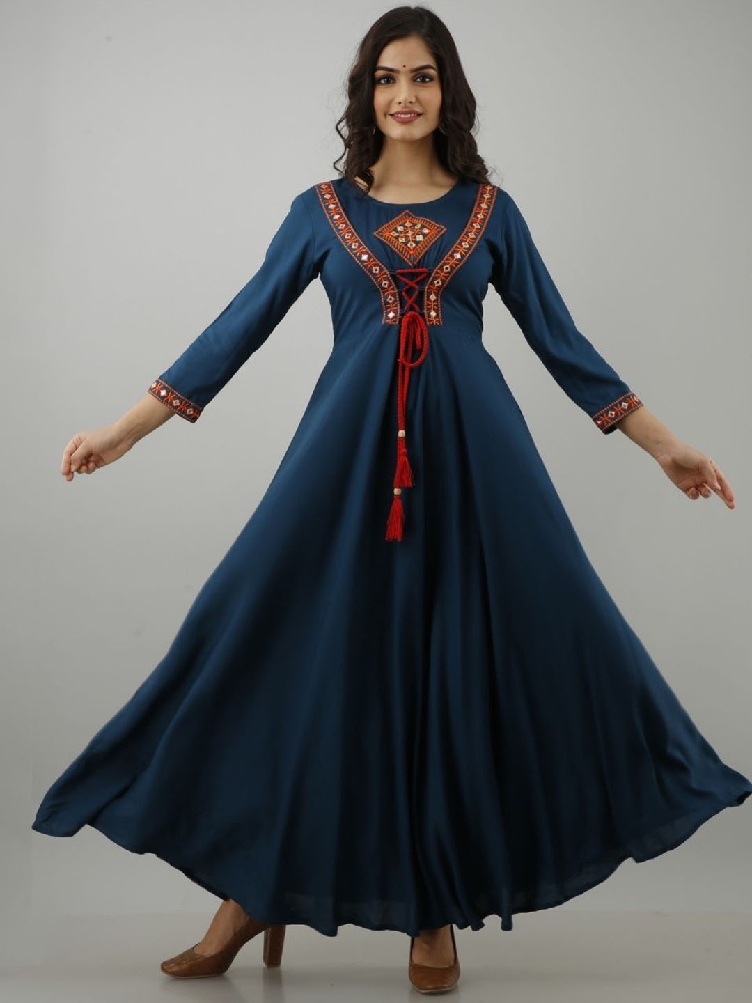 

Jaipurite Embroidered Ethnic Motifs Maxi A-Line Ethnic Dresses, Blue