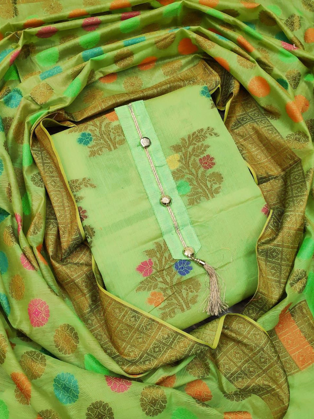 

Ishin Floral Woven Design Zari Unstitched Dress Material, Green