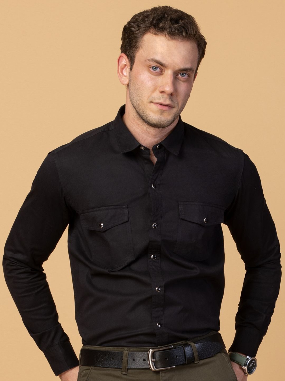 

USMC Men Smart Spread Collar Solid Cotton Slim Fit Casual Shirt, Black
