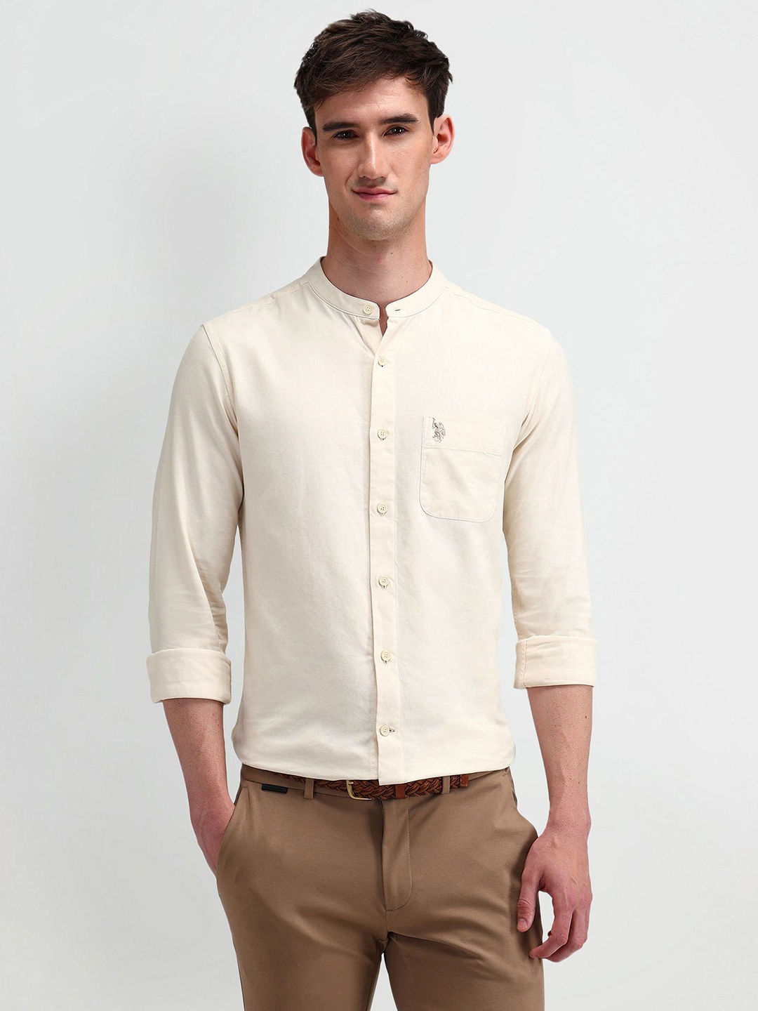 

U.S. Polo Assn. Men Modern Band Collar Solid Cotton Slim Fit Casual Shirt, Beige