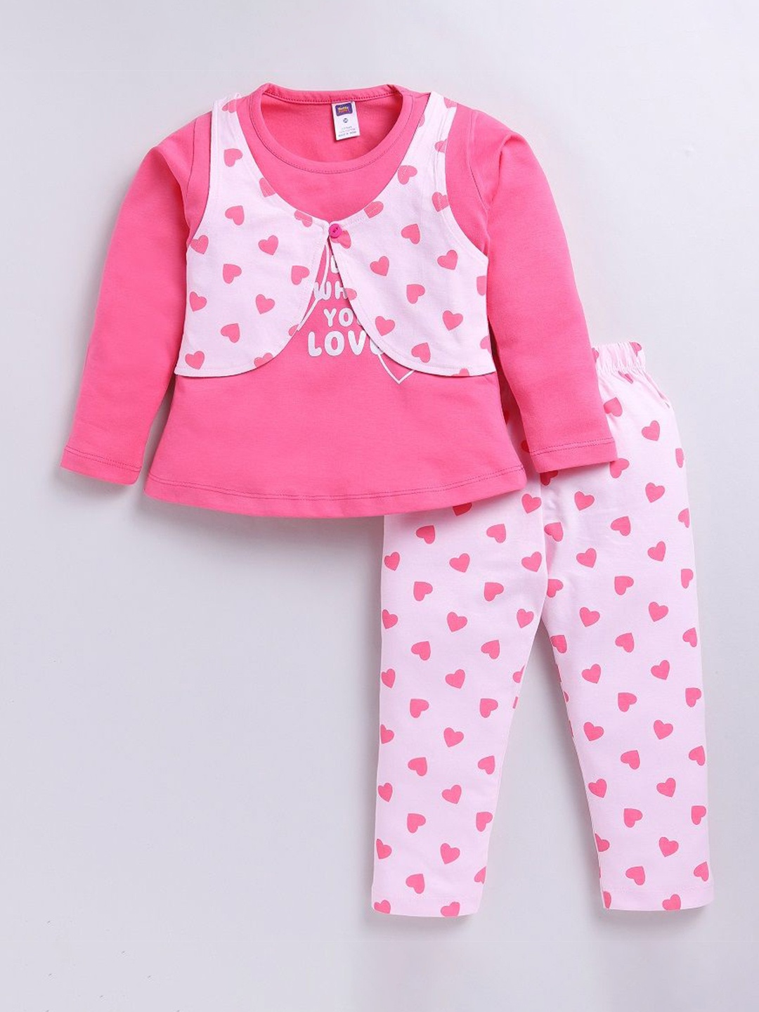 

Nottie Planet Girls Love Printed Pure Cotton T-shirt with Trousers, Pink