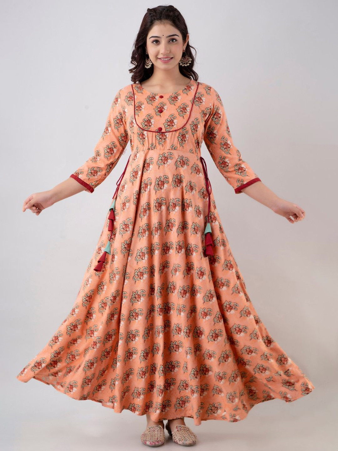 

Jaipurite Ethnic Motifs Printed Round Neck Maxi A-Line Ethnic Dresses, Peach