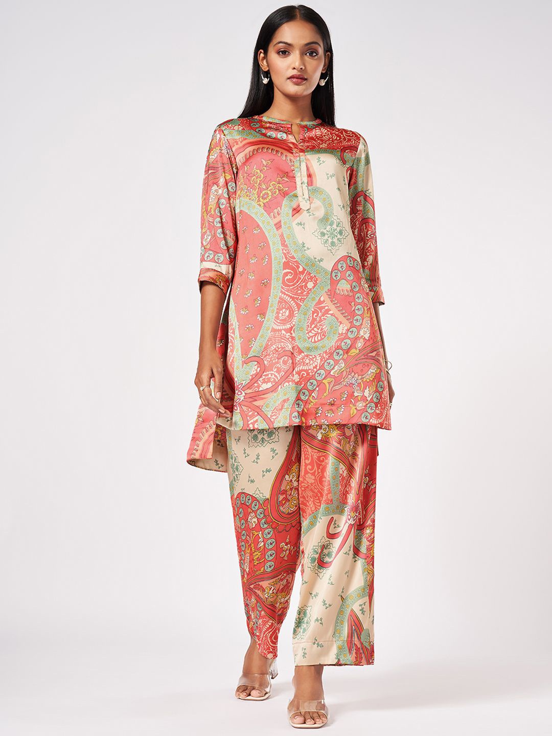 

Marigold Lane Ethnic Motifs Printed Round Neck High Low A-Line Kurta With Palazzos, Pink