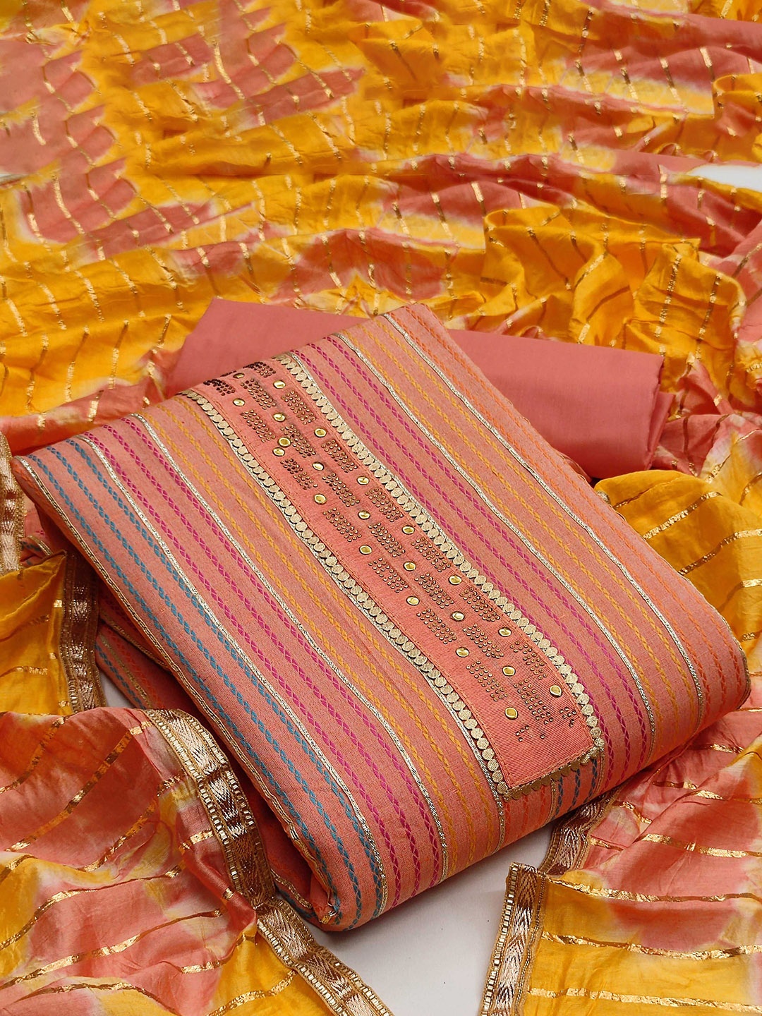

Ishin Embroidered Beads and Stones Pure Cotton Unstitched Dress Material, Peach