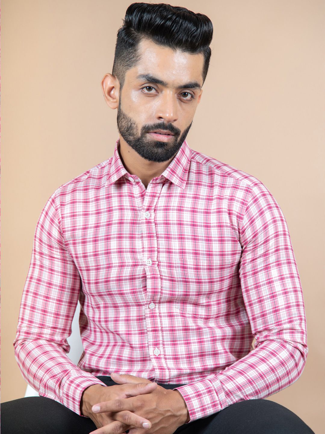 

Tistabene Men Standard Spread Collar Gingham Checked Cotton Formal Shirt, Pink