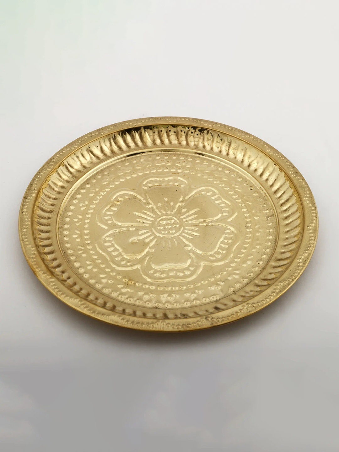 

Exotic India Brass Pooja Plate with Floral Design, Gold
