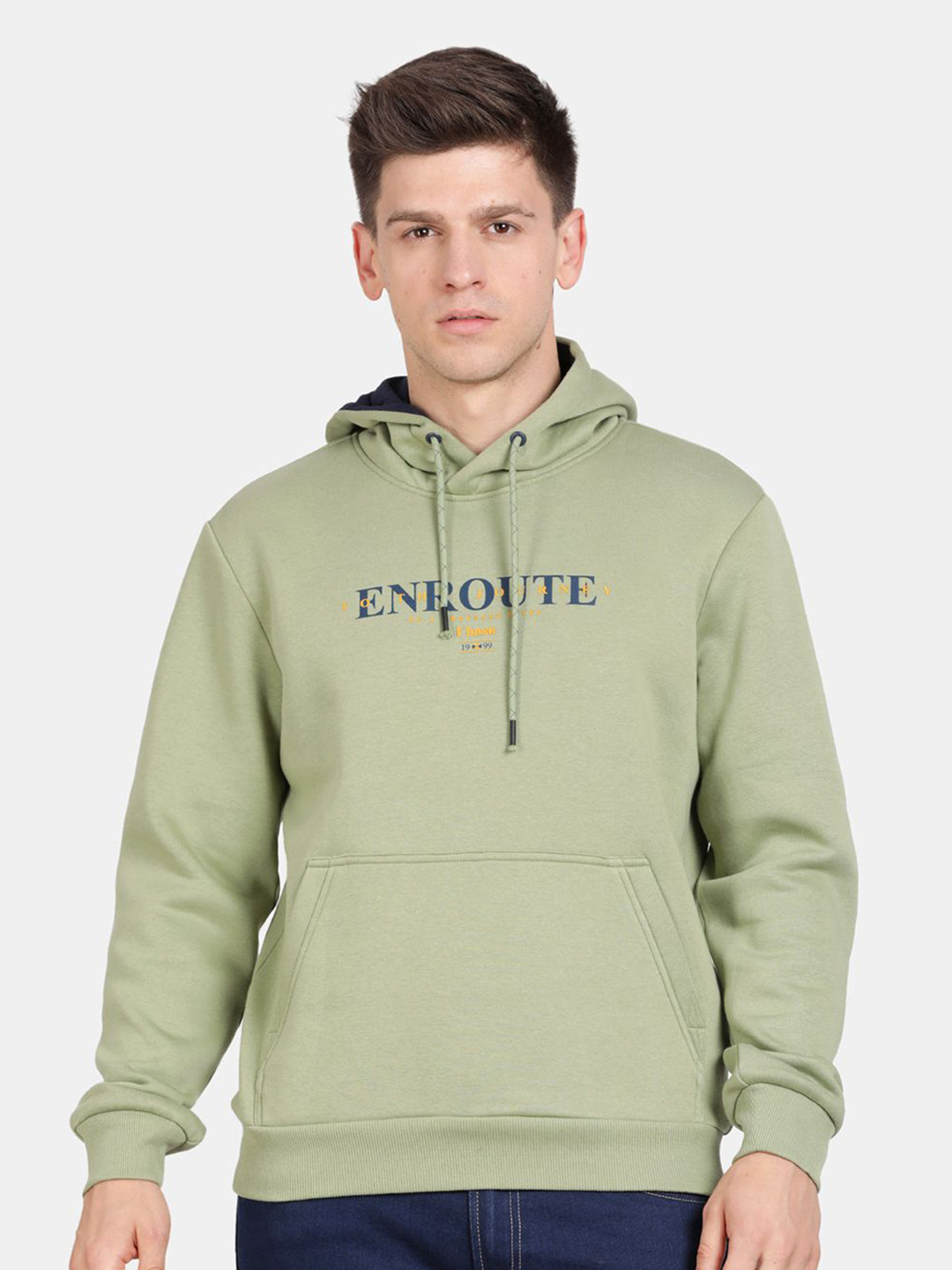 

t-base Men Typography Printed Hooded Sweatshirt, Green