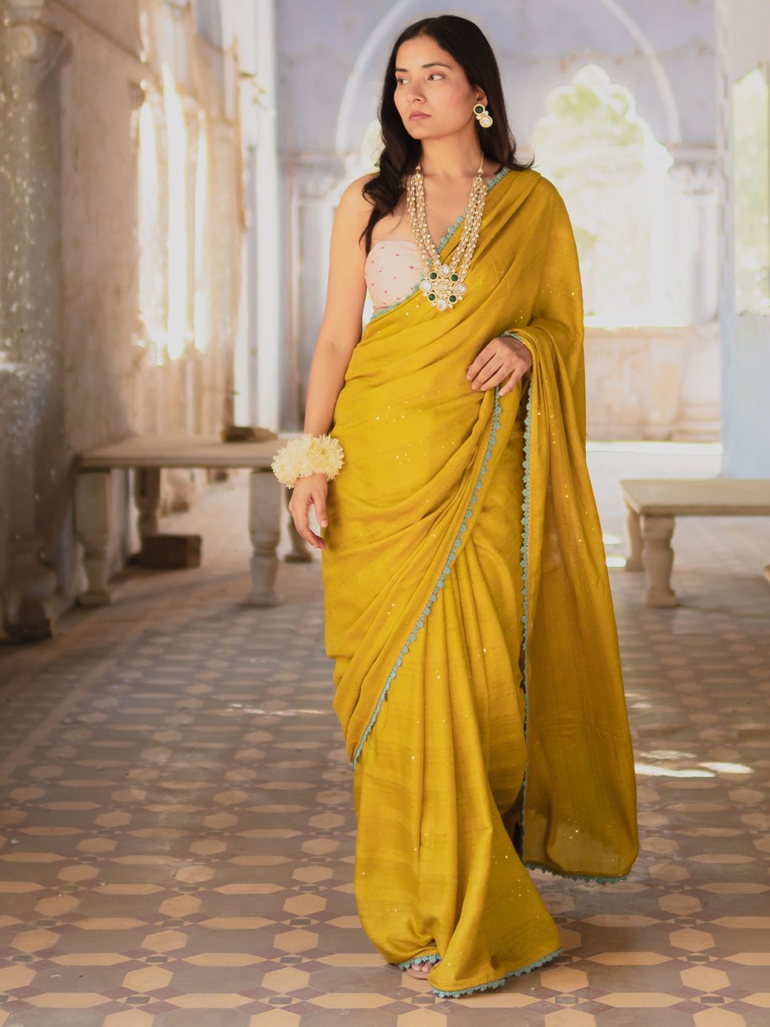 

Humdum Striped Sequinned Pure Cotton Saree, Mustard
