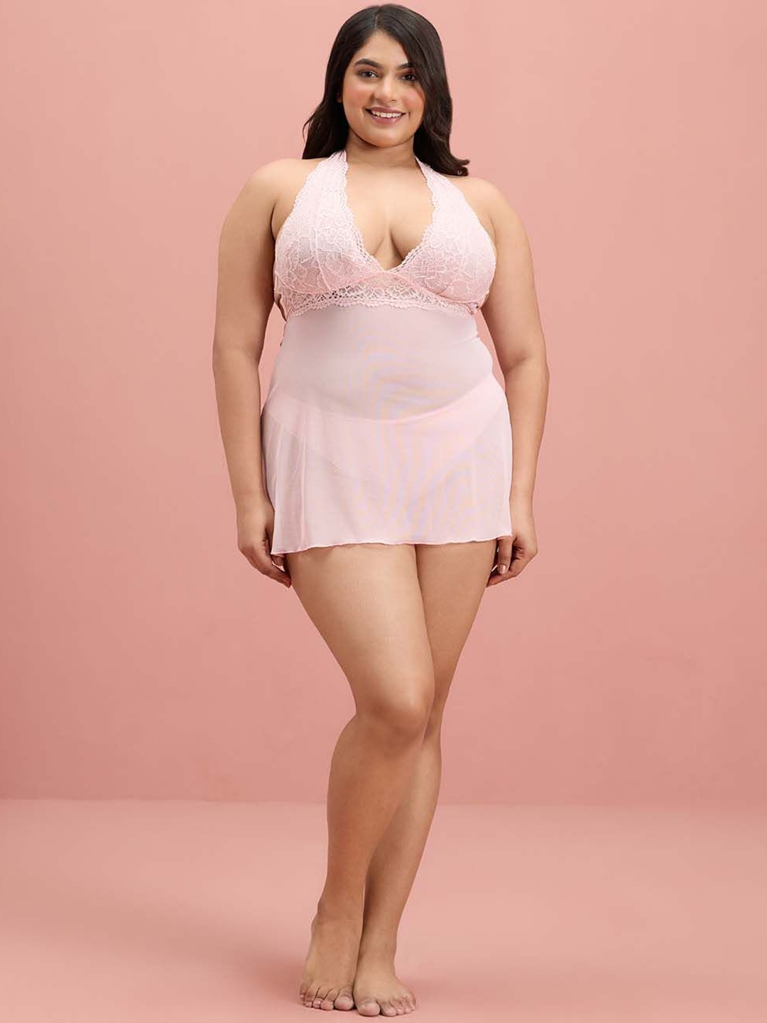 

Nykd Plus Size Halter Neck Baby Doll, Peach