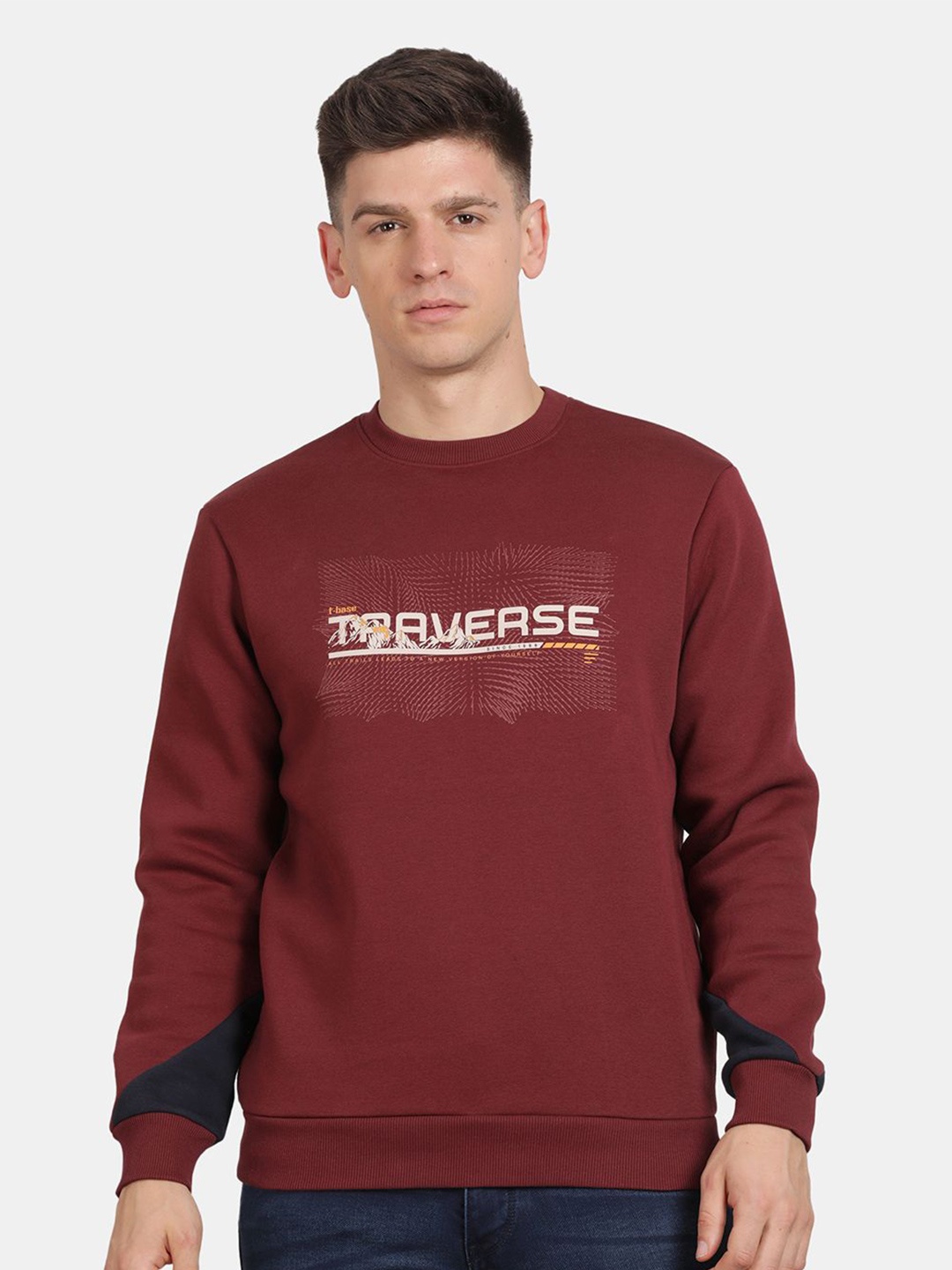 

t-base Men Typography Printed Sweatshirt, Burgundy