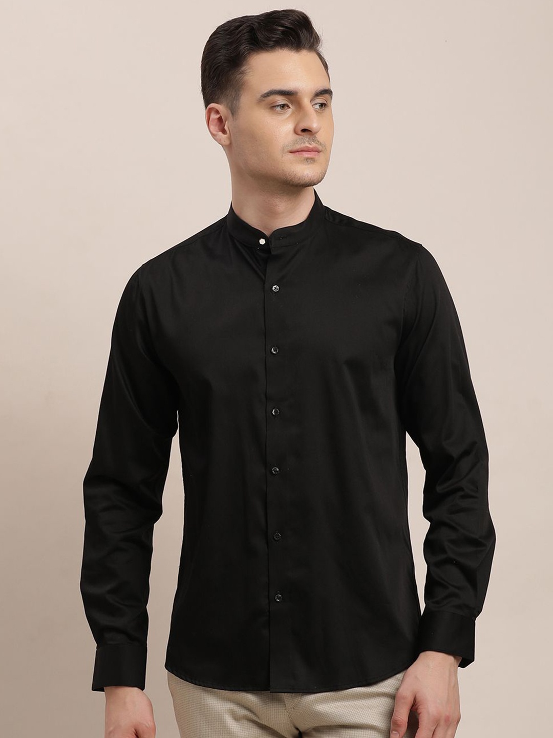 

Turtle Men Classic Band Collar Solid Cotton Slim Fit Party Shirt, Black