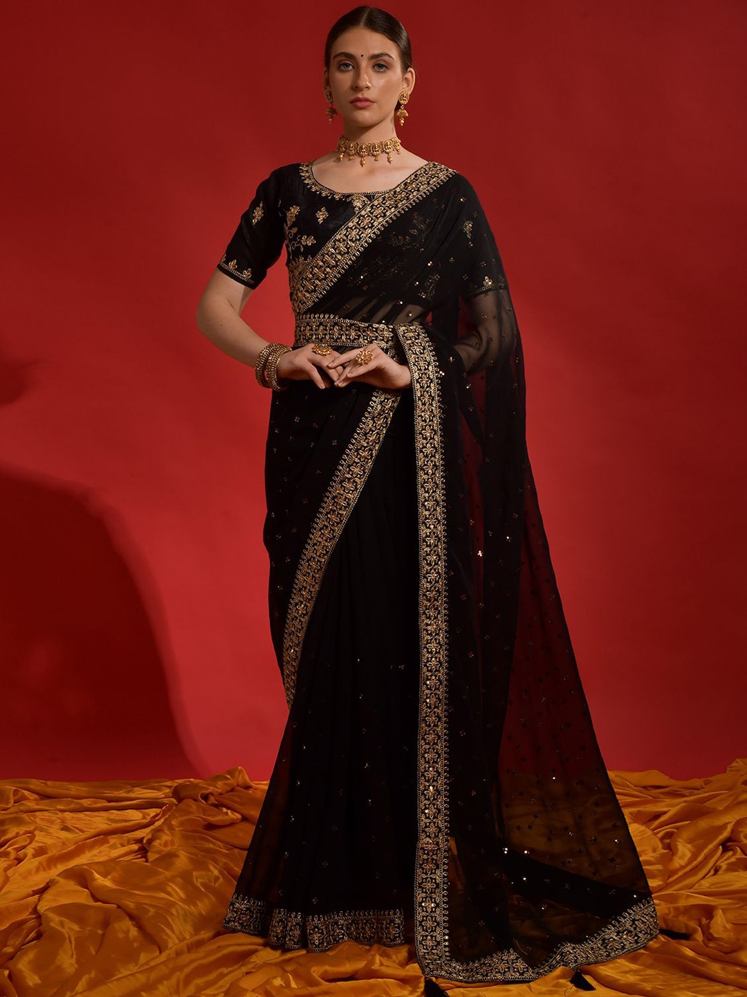

ODETTE Embroidered Sequinned Saree, Black