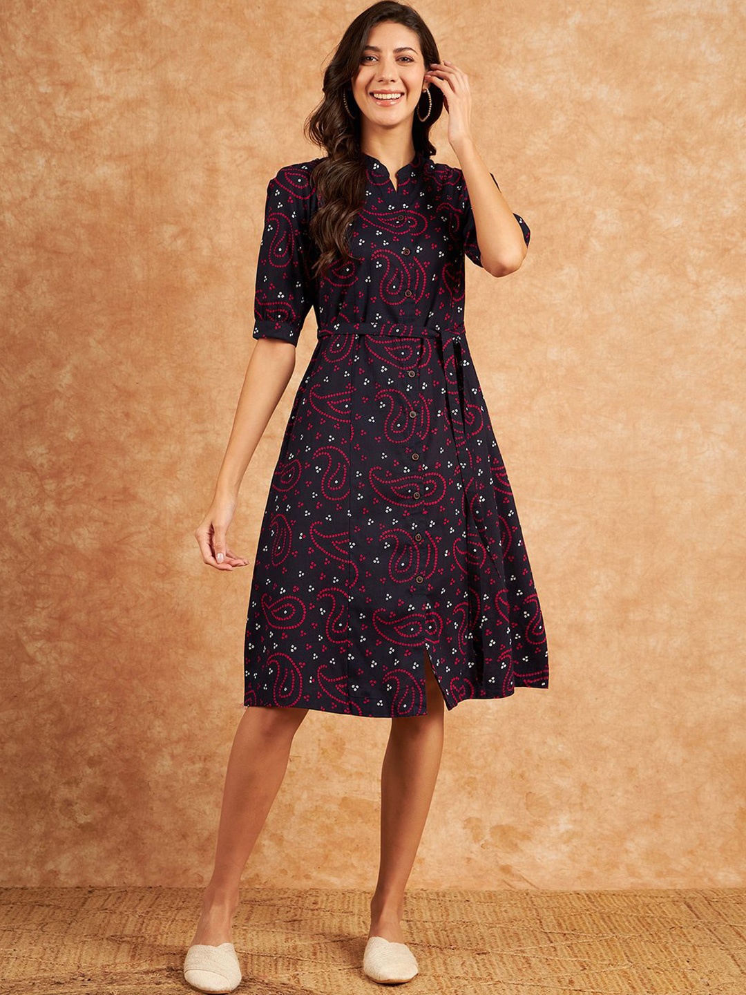 

Modeve Cotton Printed A-Line Midi Dress, Navy blue