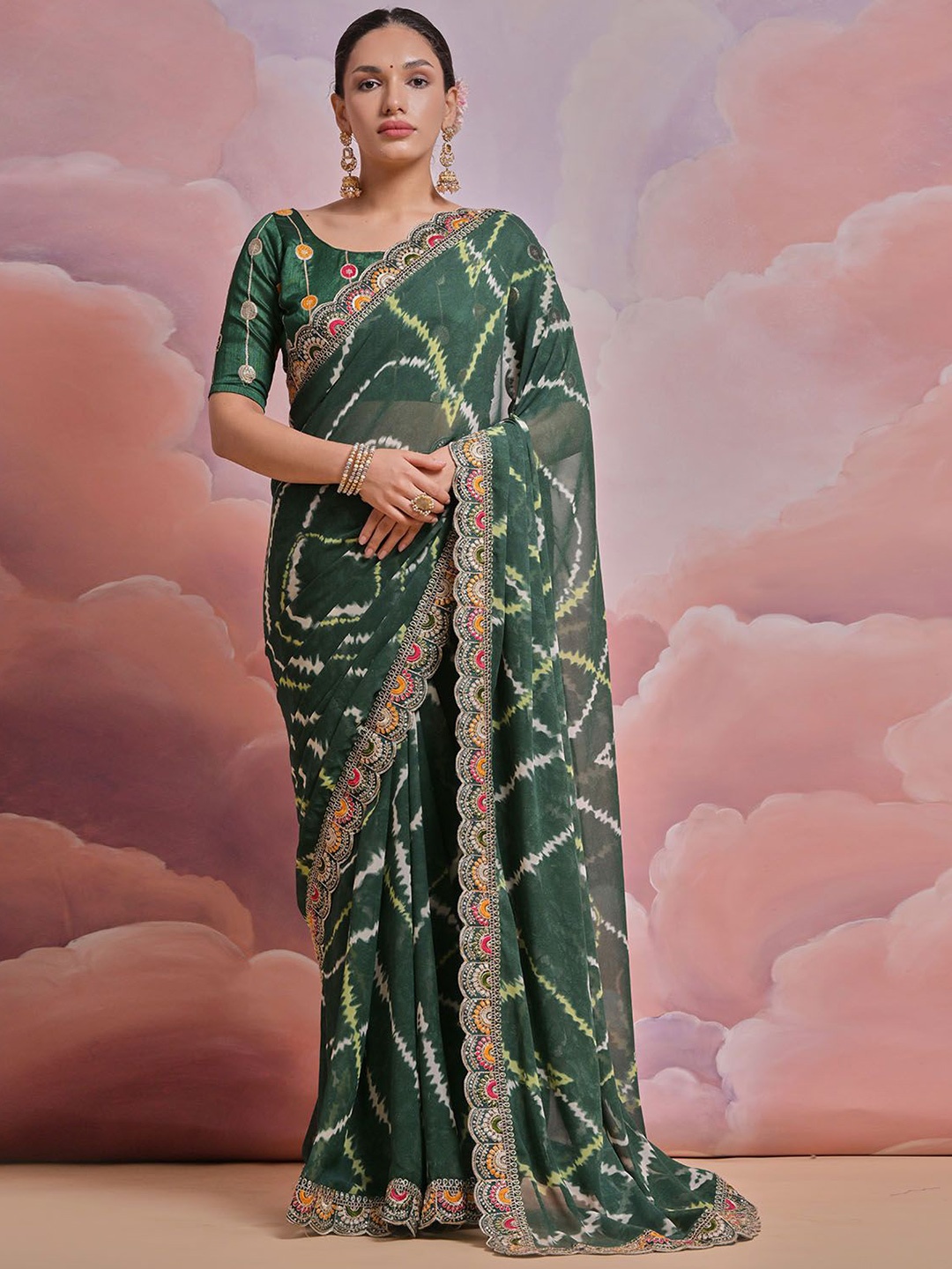 

ODETTE Sequinned Poly Georgette Saree, Green