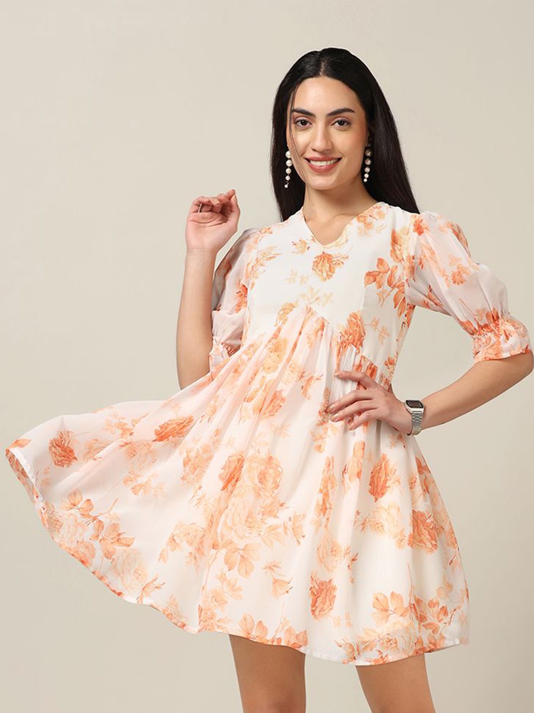 

BAESD Floral Print Puff Sleeve Georgette Fit & Flare Dress, Orange