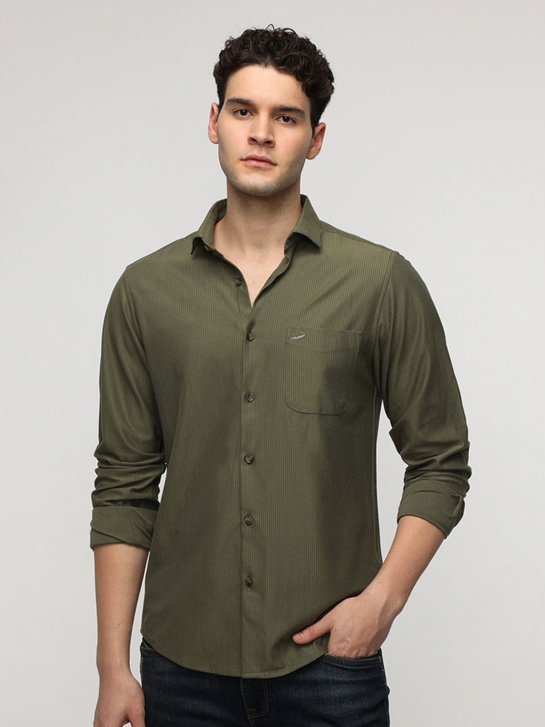 

Crocodile Comfort Striped Premium Techno Casual Shirt, Olive