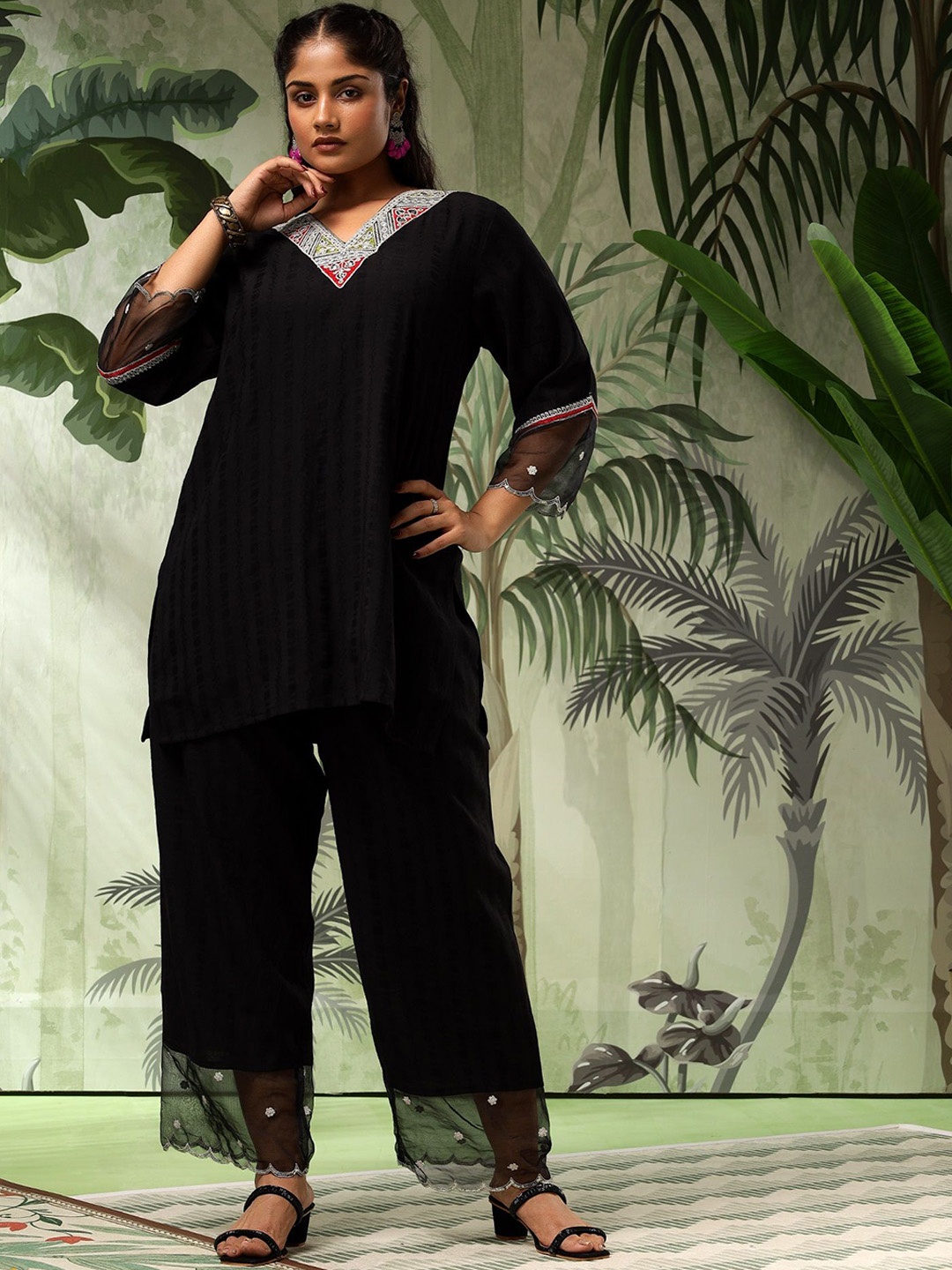 

Bani Women Plus Size Embroidered V-Neck Tunic With Trouser, Black