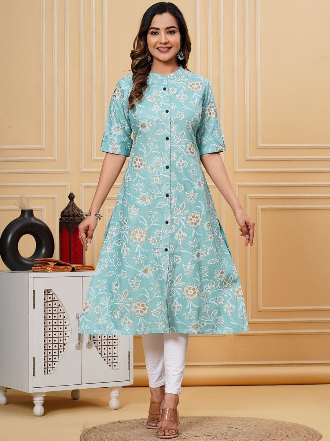 

KANIKA CREATION Floral Printed Mandarin Collar A Line Kurta, Turquoise blue