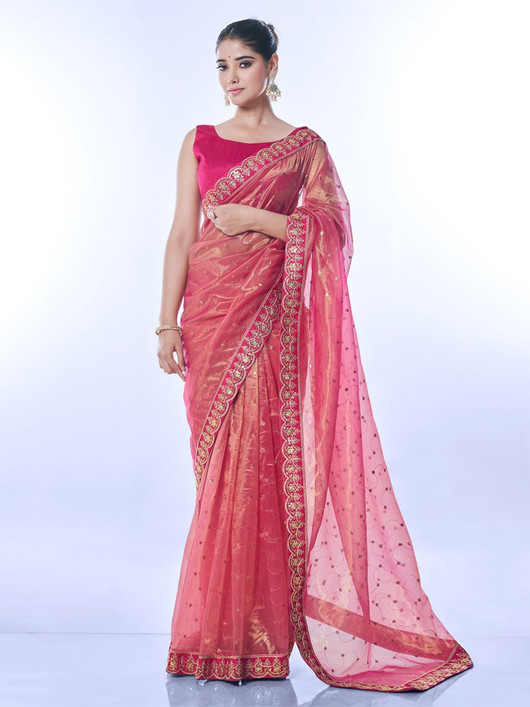 

ODETTE Floral Sequinned Embroidred Net Saree, Pink