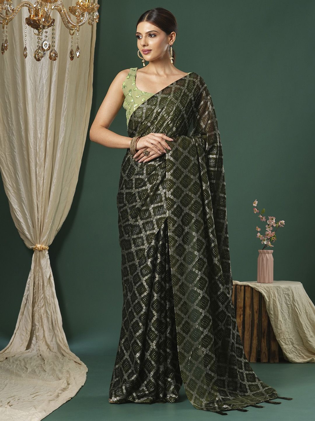 

KALINI Ethnic Motifs Zari Saree, Olive