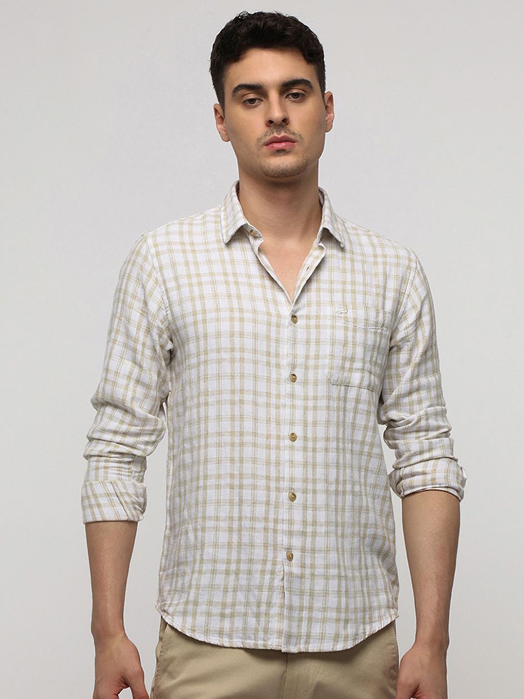 

Crocodile Comfort Tartan Checked Cotton Linen Casual Shirt, White