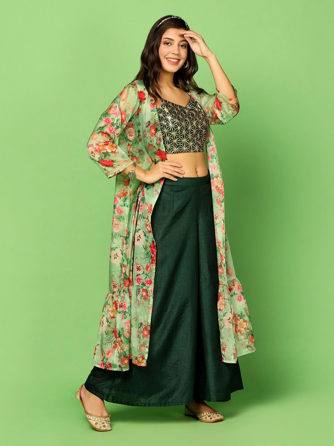 

BAESD Embellished Sequined Shoulder Straps Crop Top With Palazzos & Jacket, Green