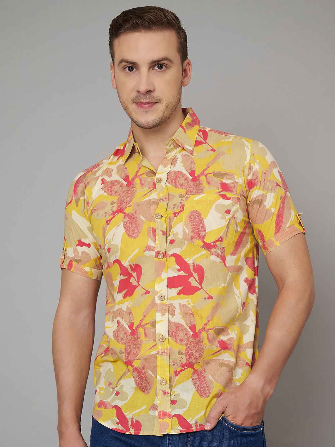 

FABRIC FITOOR Men Relaxed Spread Collar Floral Printed Cotton Casual Shirt, Yellow