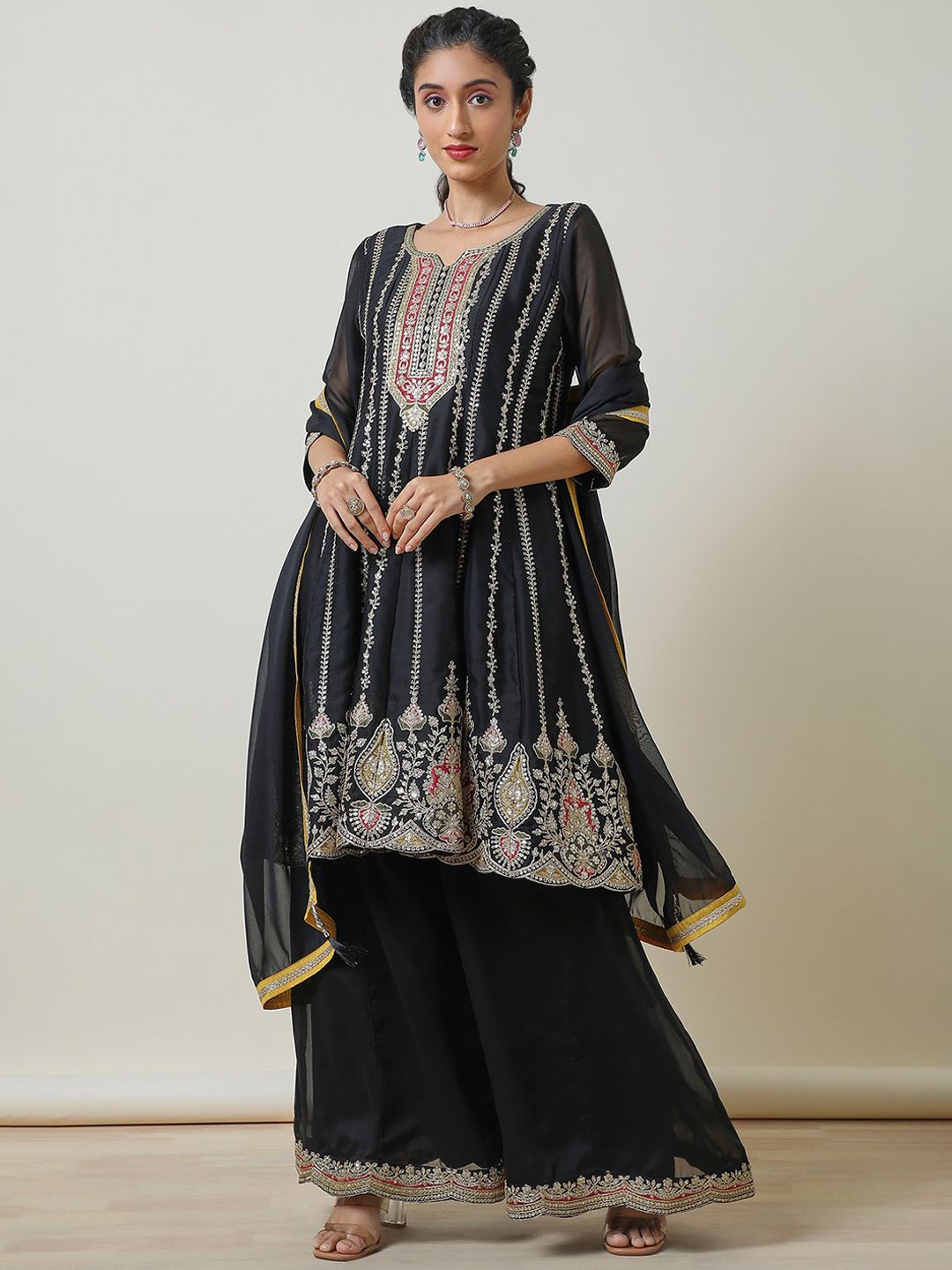 

Soch Embroidered Sequinned Notch Neck Anarkali Kurta with Palazzos & Dupatta, Black