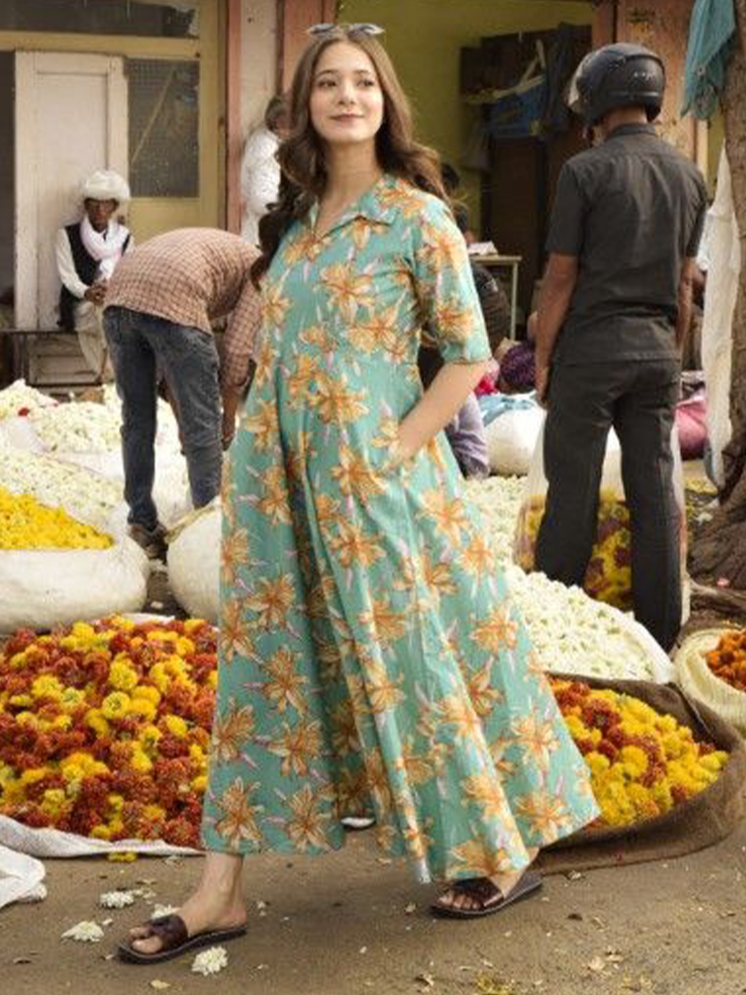 

DIMPLE DESIGN STUDIO Floral Printed Flared Maxi Dress, Sea green
