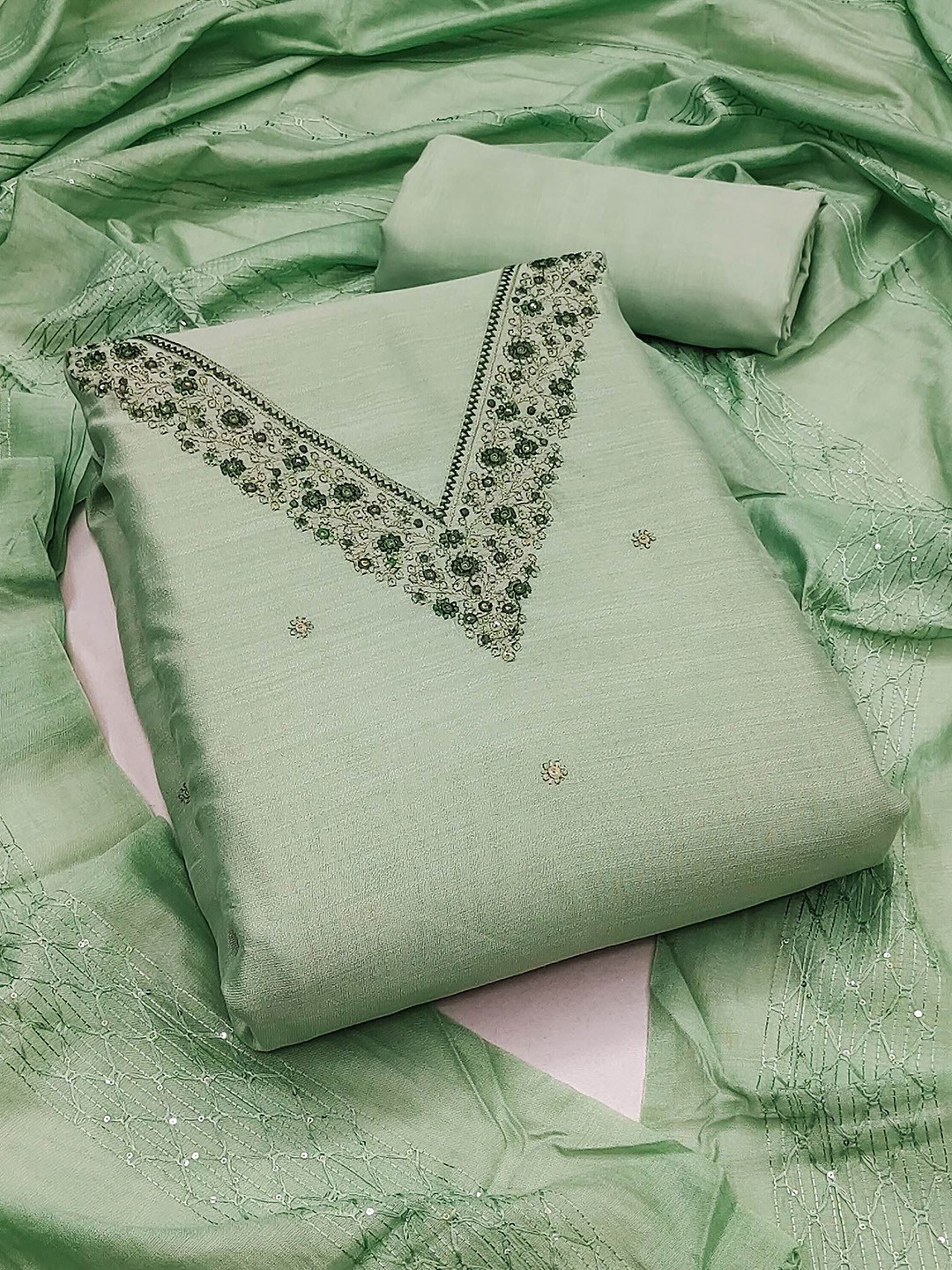 

Peachmode Ethnic Motifs Embroidered Sequinned Unstitched Dress Material, Green