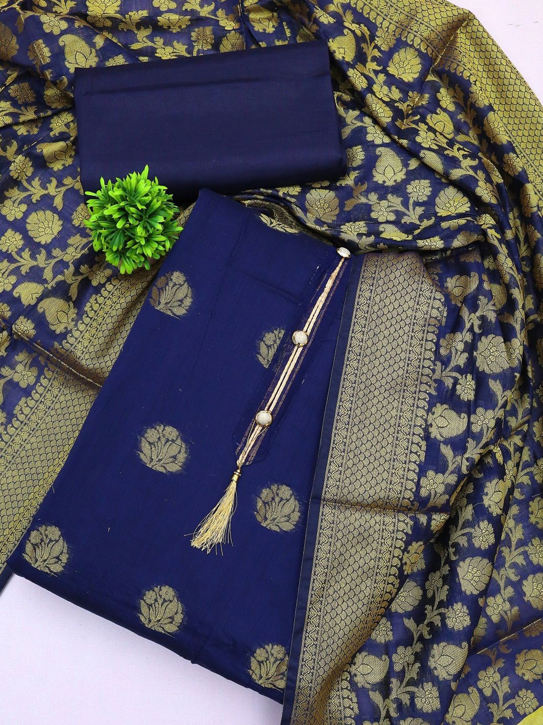 

APNISHA Floral Printed Pure Silk Unstitched Dress Material, Navy blue