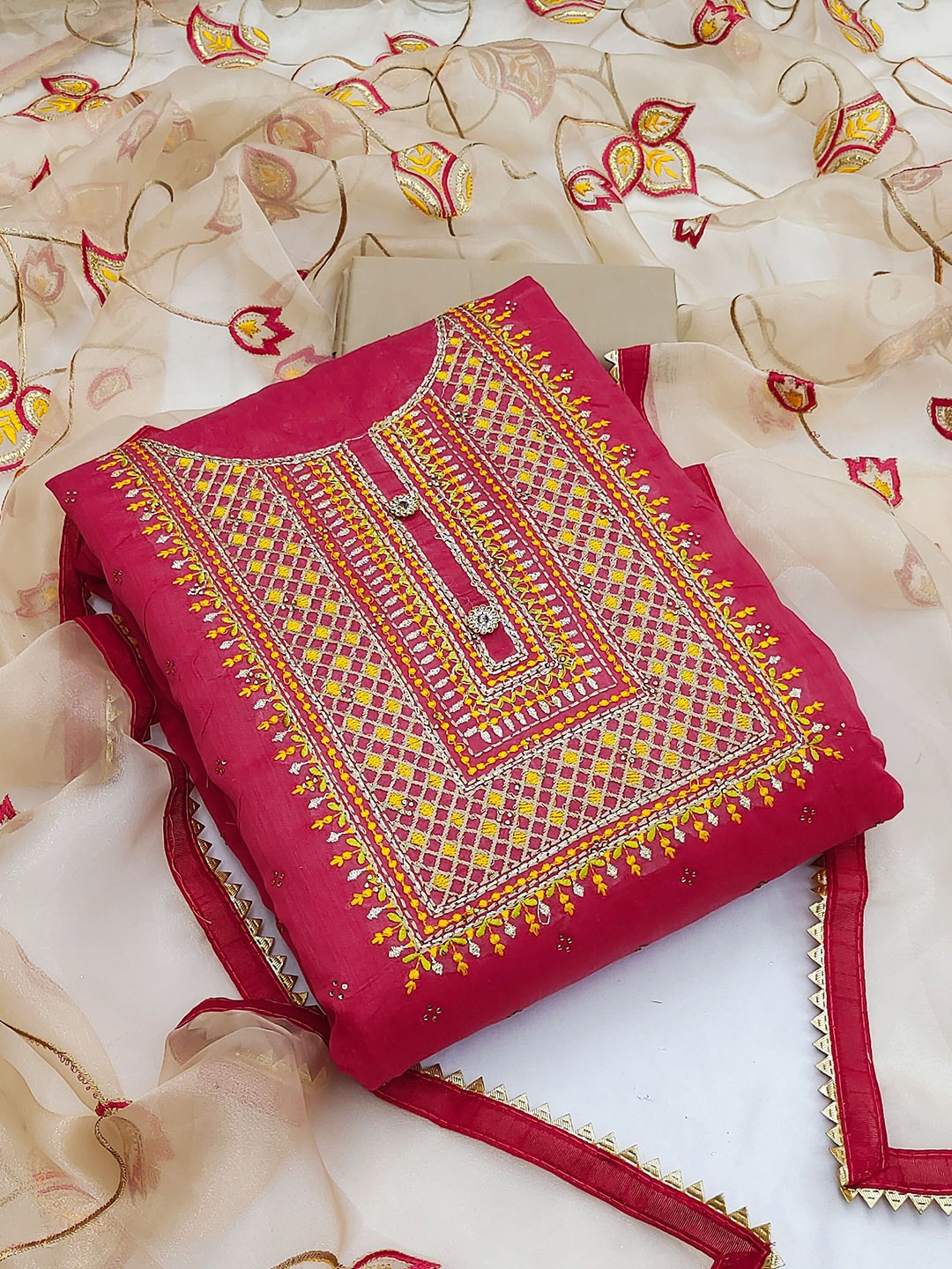 

Ishin Floral Embroidered Unstitched Dress Material, Pink