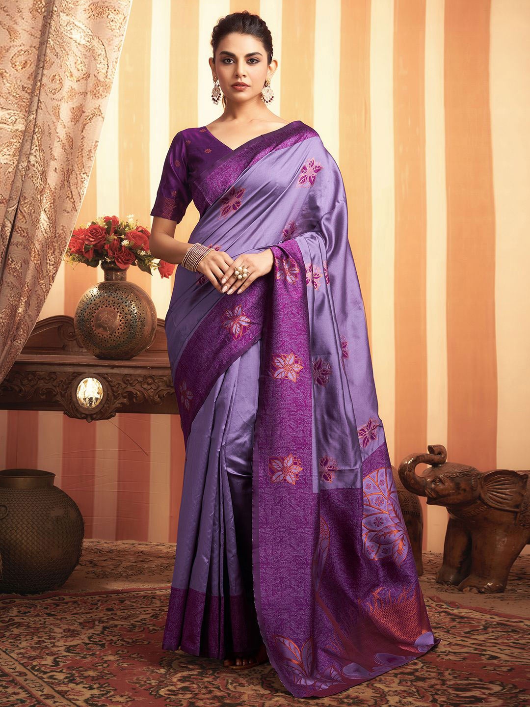 

Mitera Ethnic Motifs Zari Pure Silk Banarasi Saree, Purple