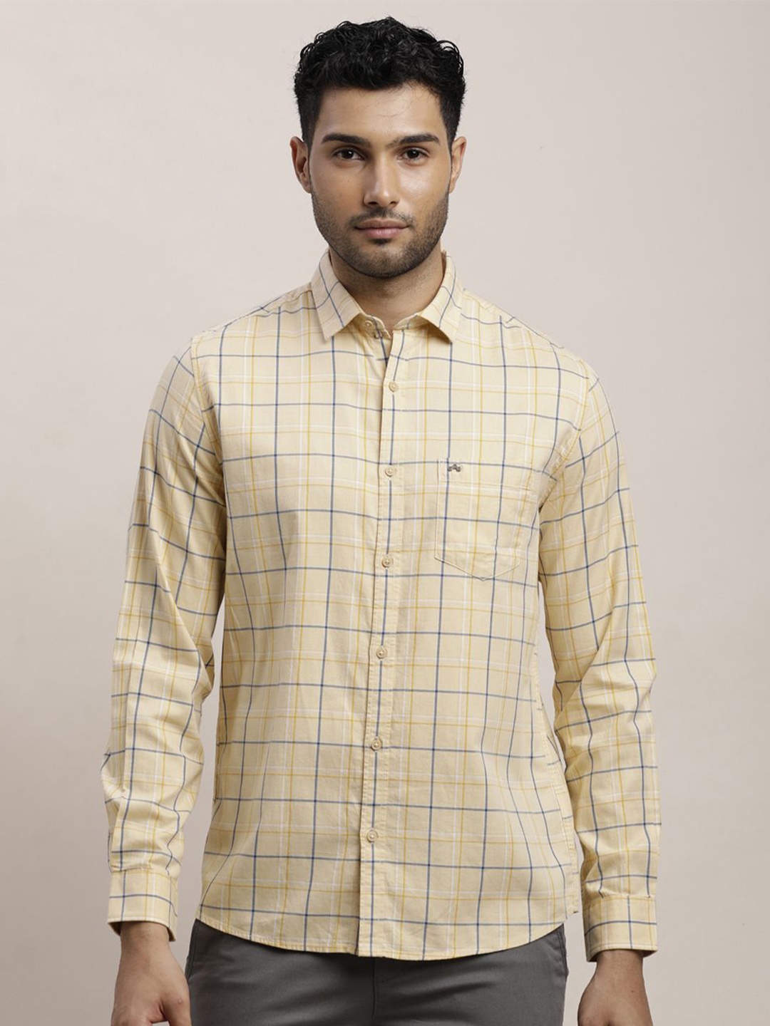 

Turtle Men Relaxed Spread Collar Tartan Checked Cotton Slim Fit Casual Shirt, Beige