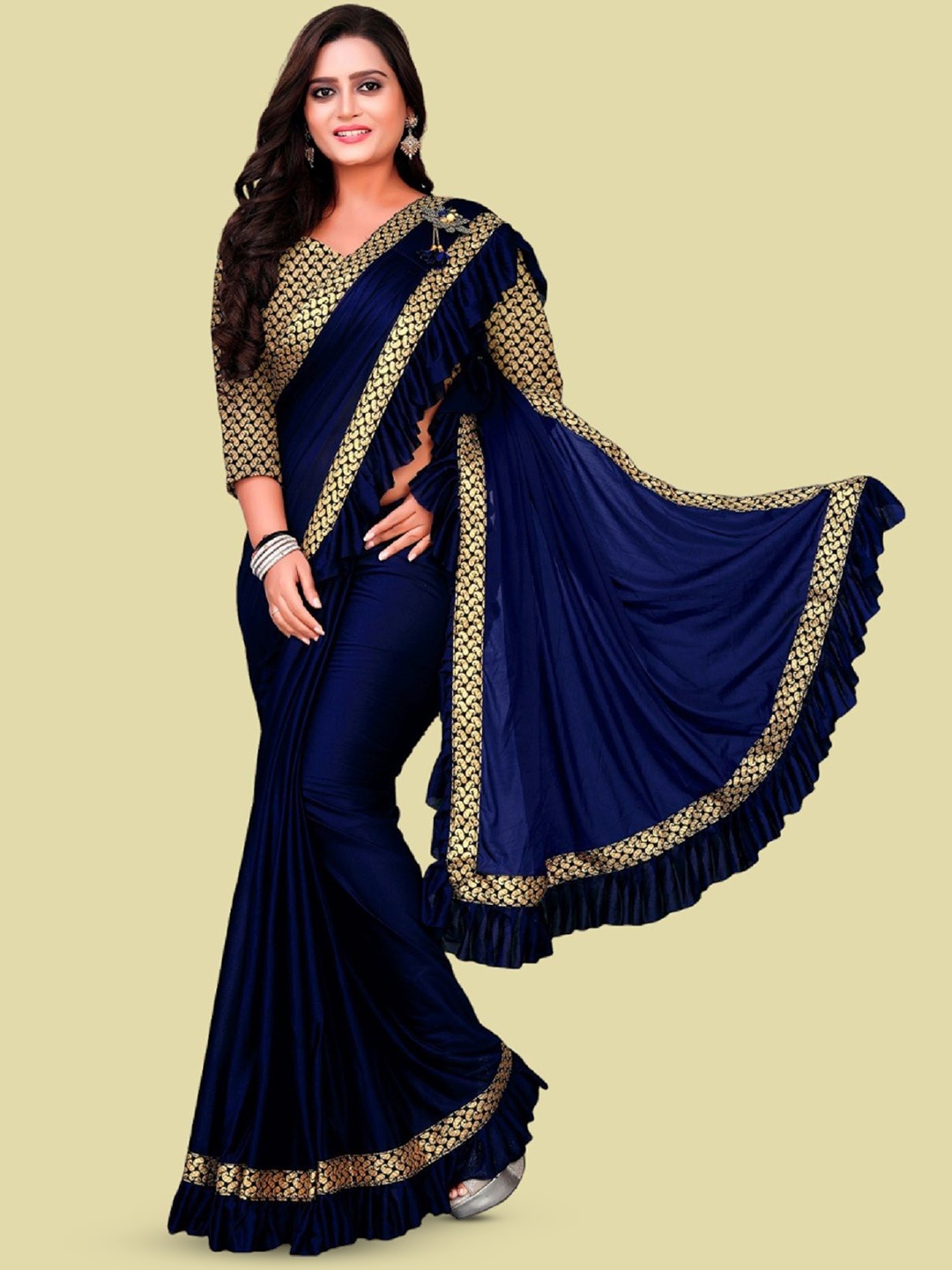 

Aika Party Wear Saree With Zari & Ruffles, Navy blue