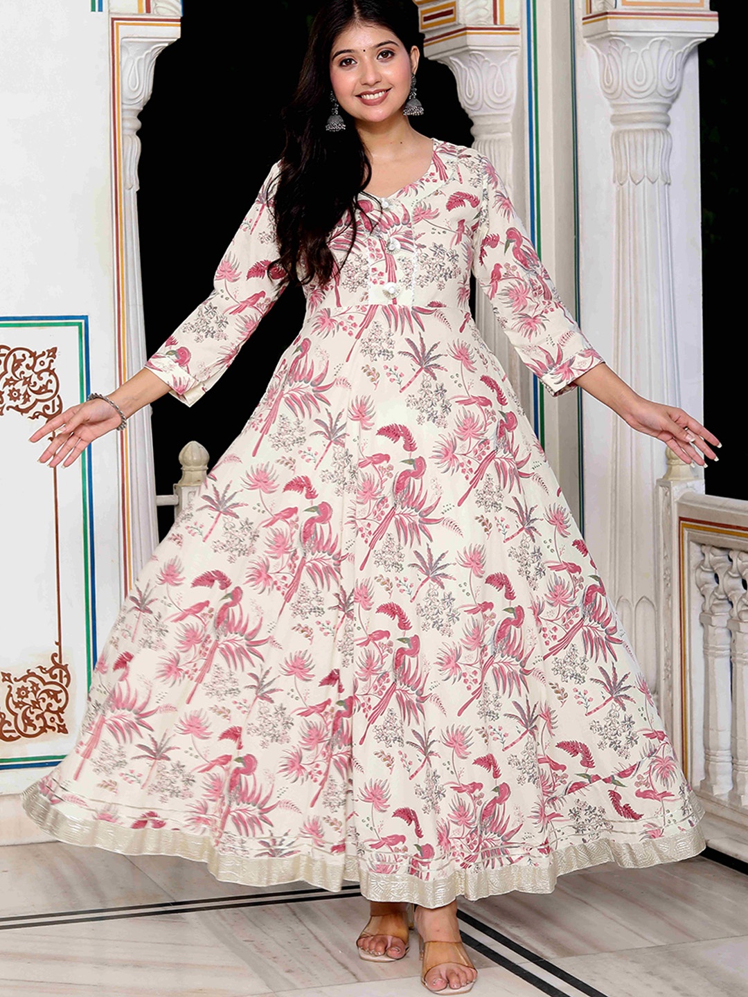 

MIRAVAN Floral Printed Gotta Patti Cotton Anarkali Kurta, Pink